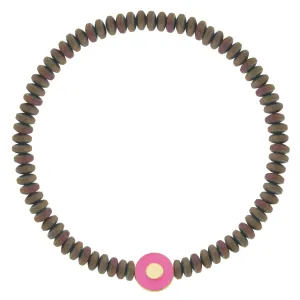 Neon Pink Enameled Evil Eye Disk on Metallic Hematite Beaded Bracelet