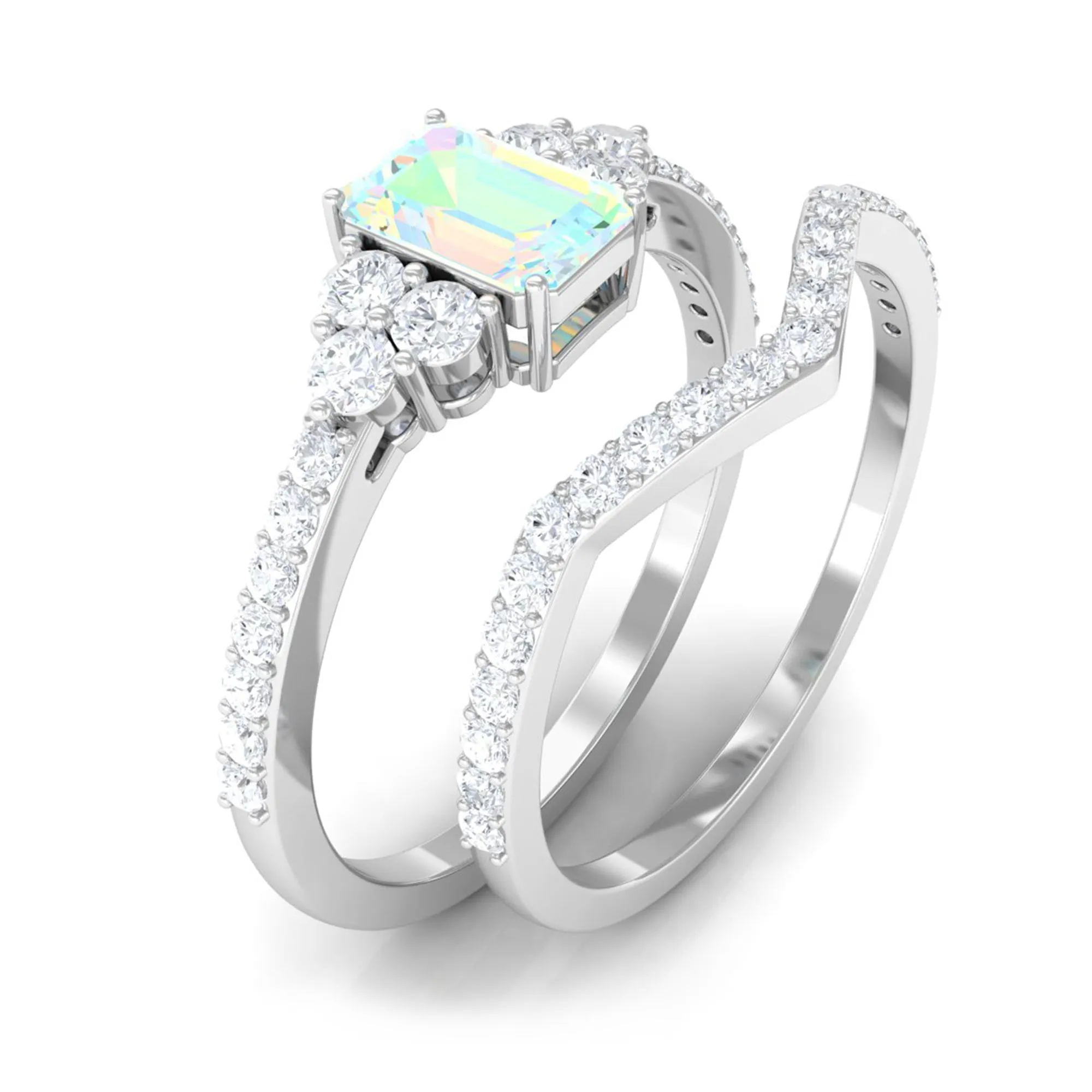 Octagon Cut Ethiopian Opal and Diamond Ring Set