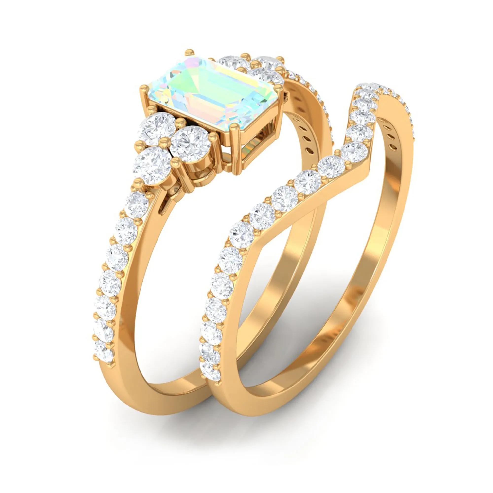 Octagon Cut Ethiopian Opal and Diamond Ring Set