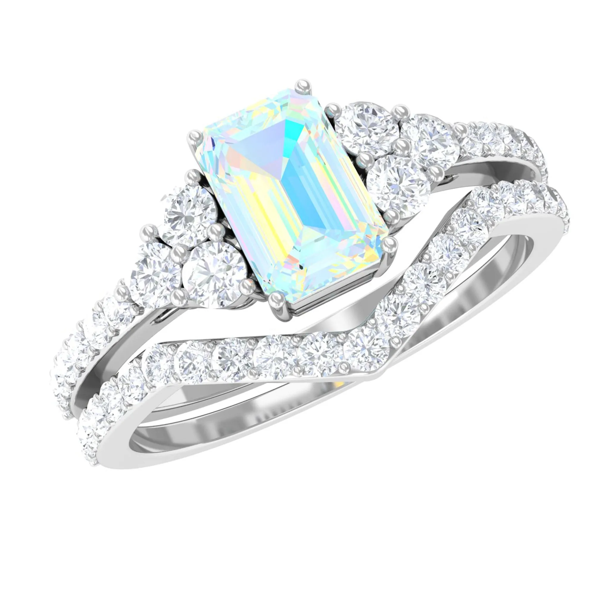 Octagon Cut Ethiopian Opal and Diamond Ring Set