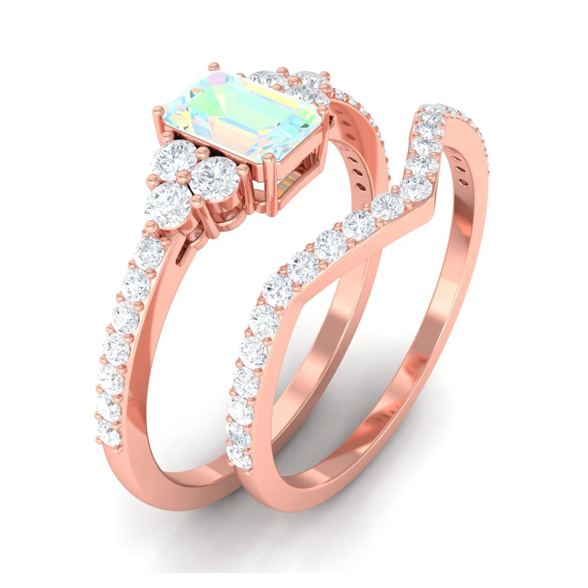 Octagon Cut Ethiopian Opal and Diamond Ring Set