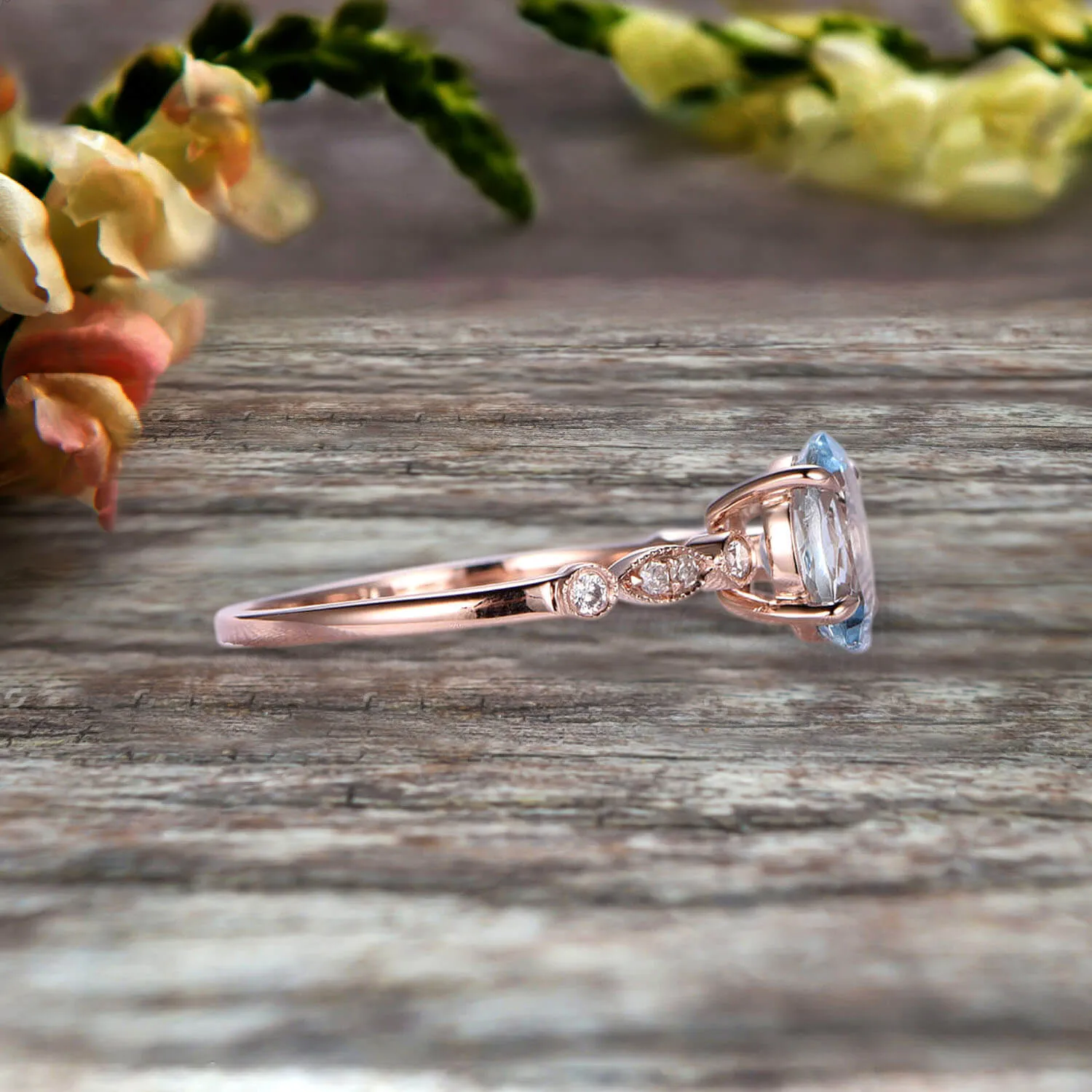 Oval Cut Art Deco 10k Rose Gold Anniversary Gift Personalized for Brides 1.25 Carat Wedding Ring Aquamarine Engagement Ring