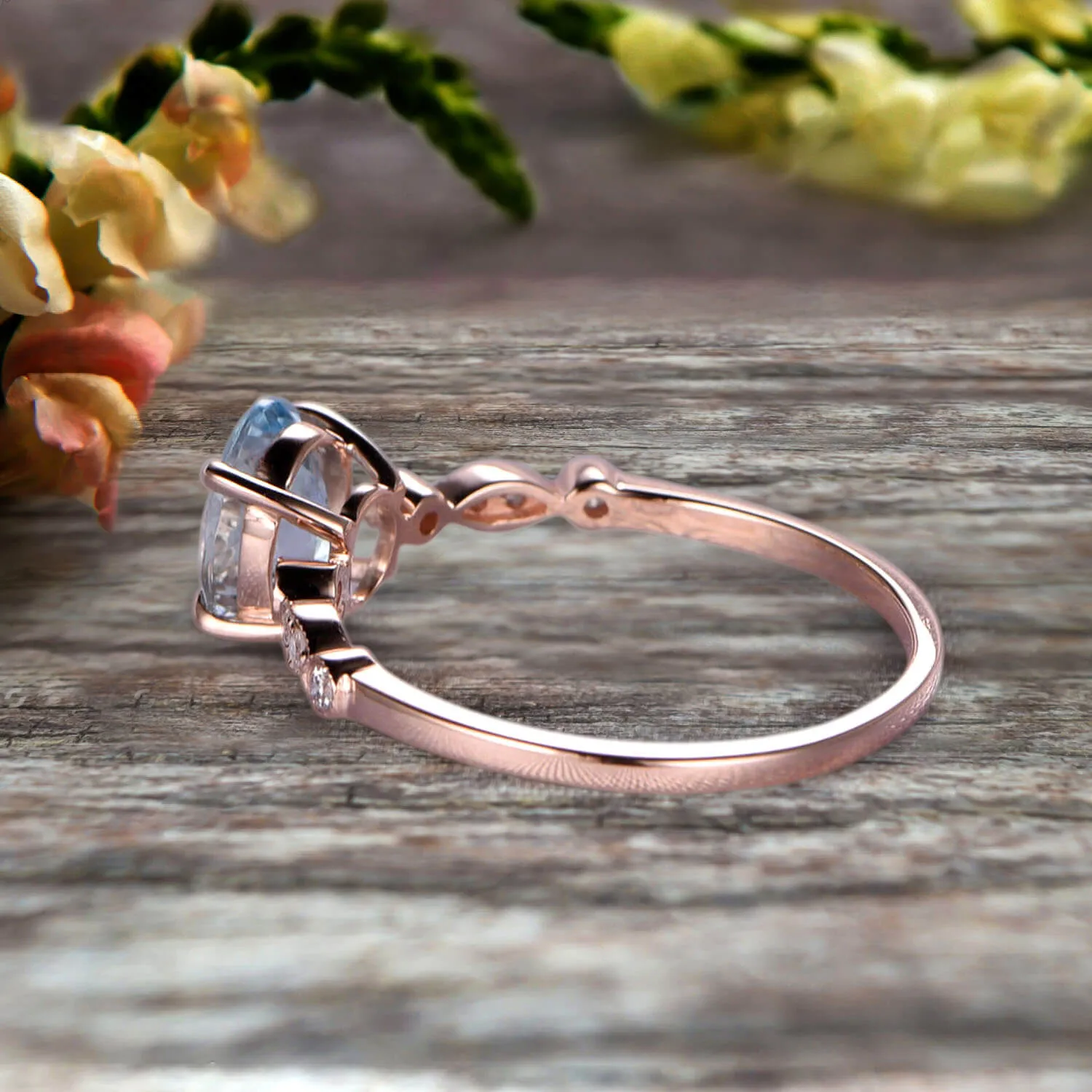 Oval Cut Art Deco 10k Rose Gold Anniversary Gift Personalized for Brides 1.25 Carat Wedding Ring Aquamarine Engagement Ring