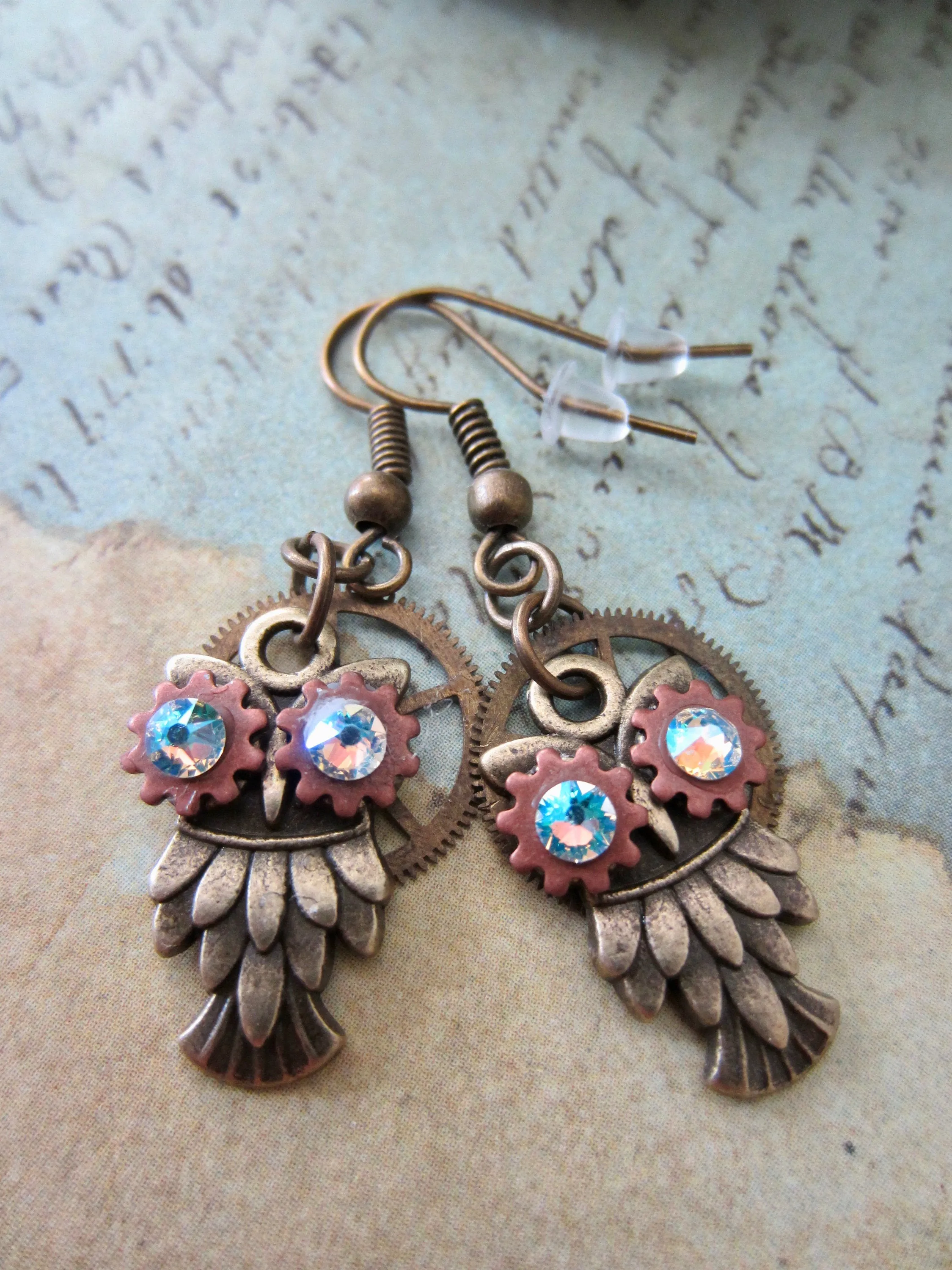 Owl Earrings, Steampunk, Unique Earrings, Weird Earrings, Dangle & Drop, Lightweight Earrings, Cool Earrings, Topaz shimmer Borealis