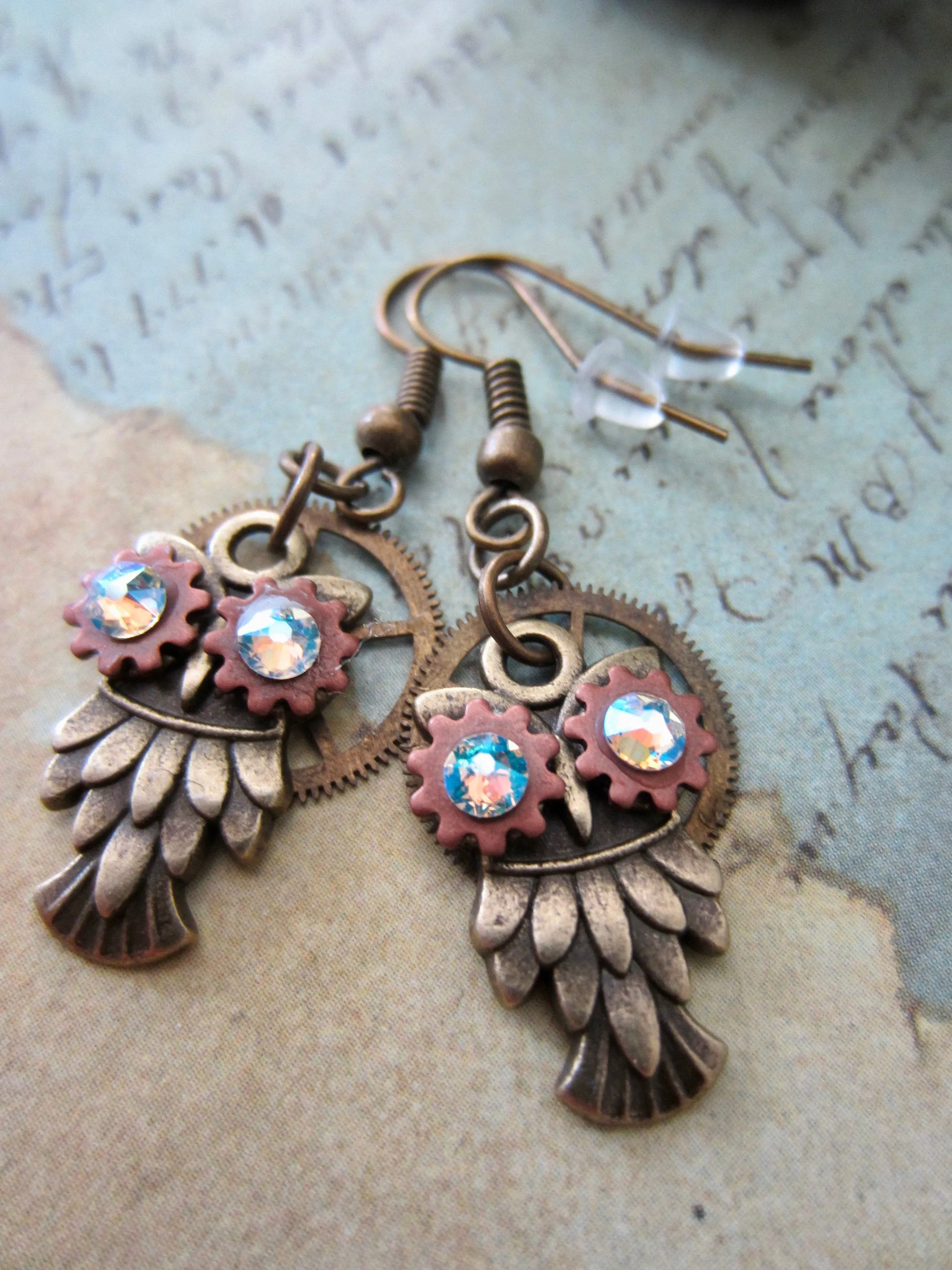 Owl Earrings, Steampunk, Unique Earrings, Weird Earrings, Dangle & Drop, Lightweight Earrings, Cool Earrings, Topaz shimmer Borealis