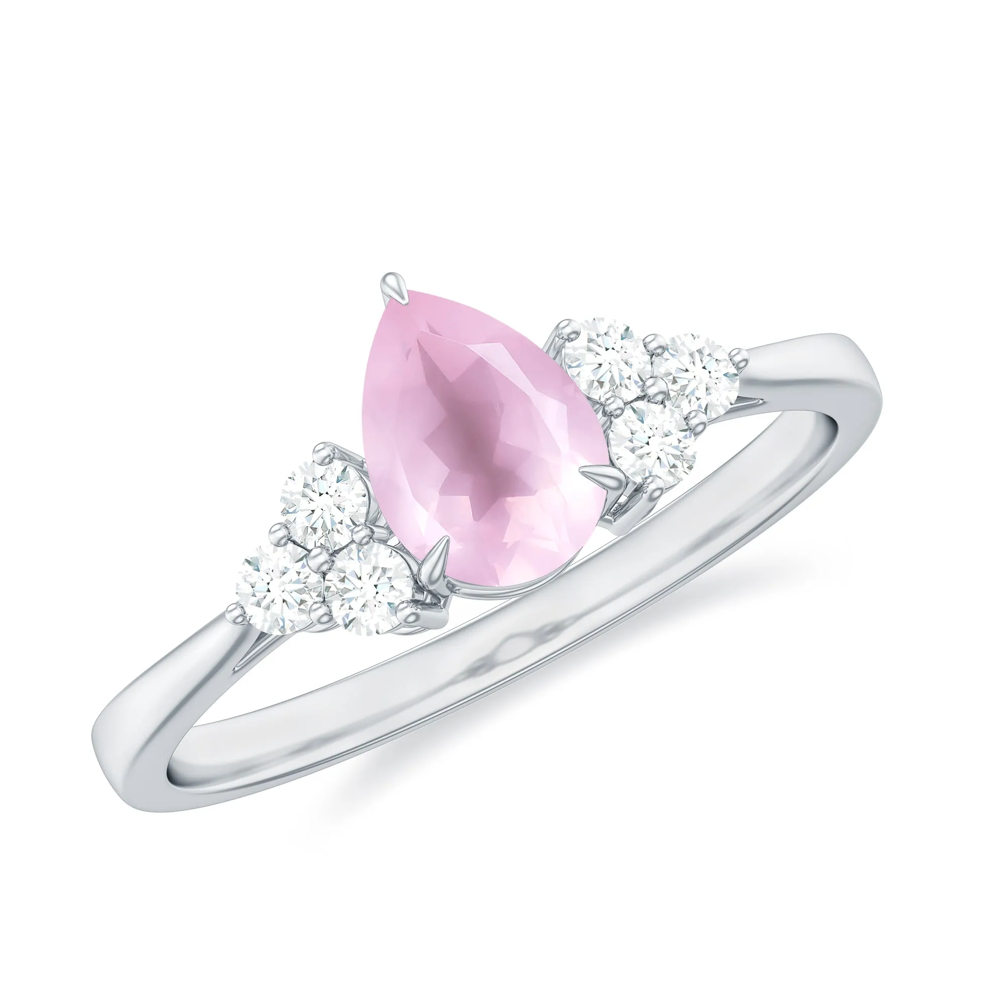 Pear Shaped Rose Quartz Solitaire Engagement Ring with Diamond Trio