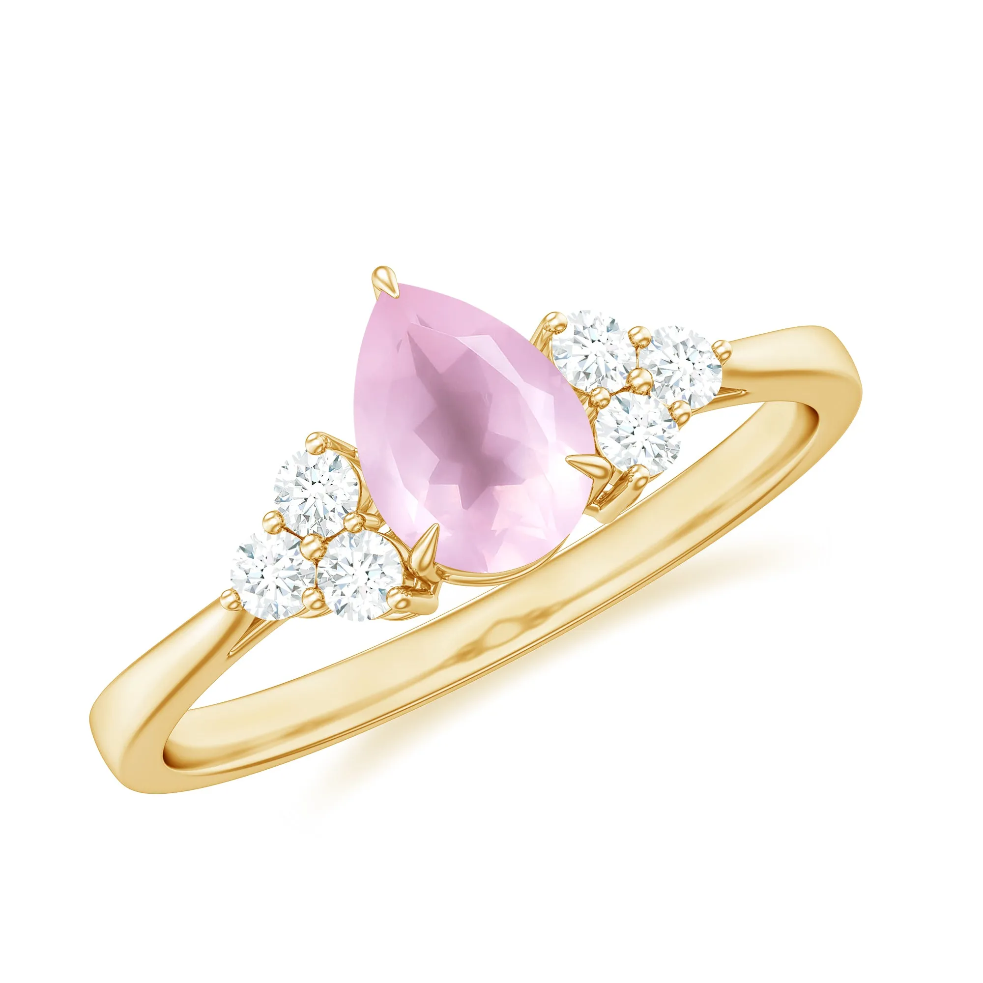 Pear Shaped Rose Quartz Solitaire Engagement Ring with Diamond Trio