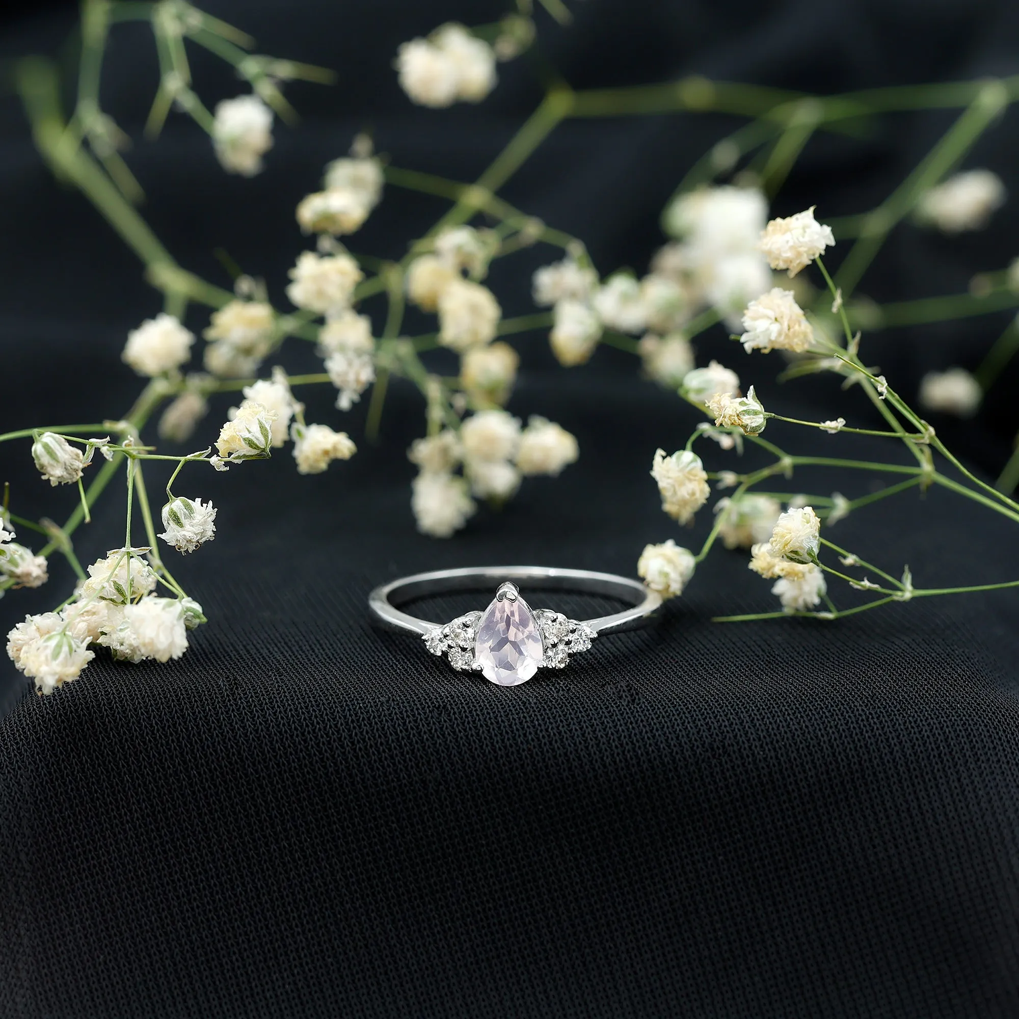 Pear Shaped Rose Quartz Solitaire Engagement Ring with Diamond Trio