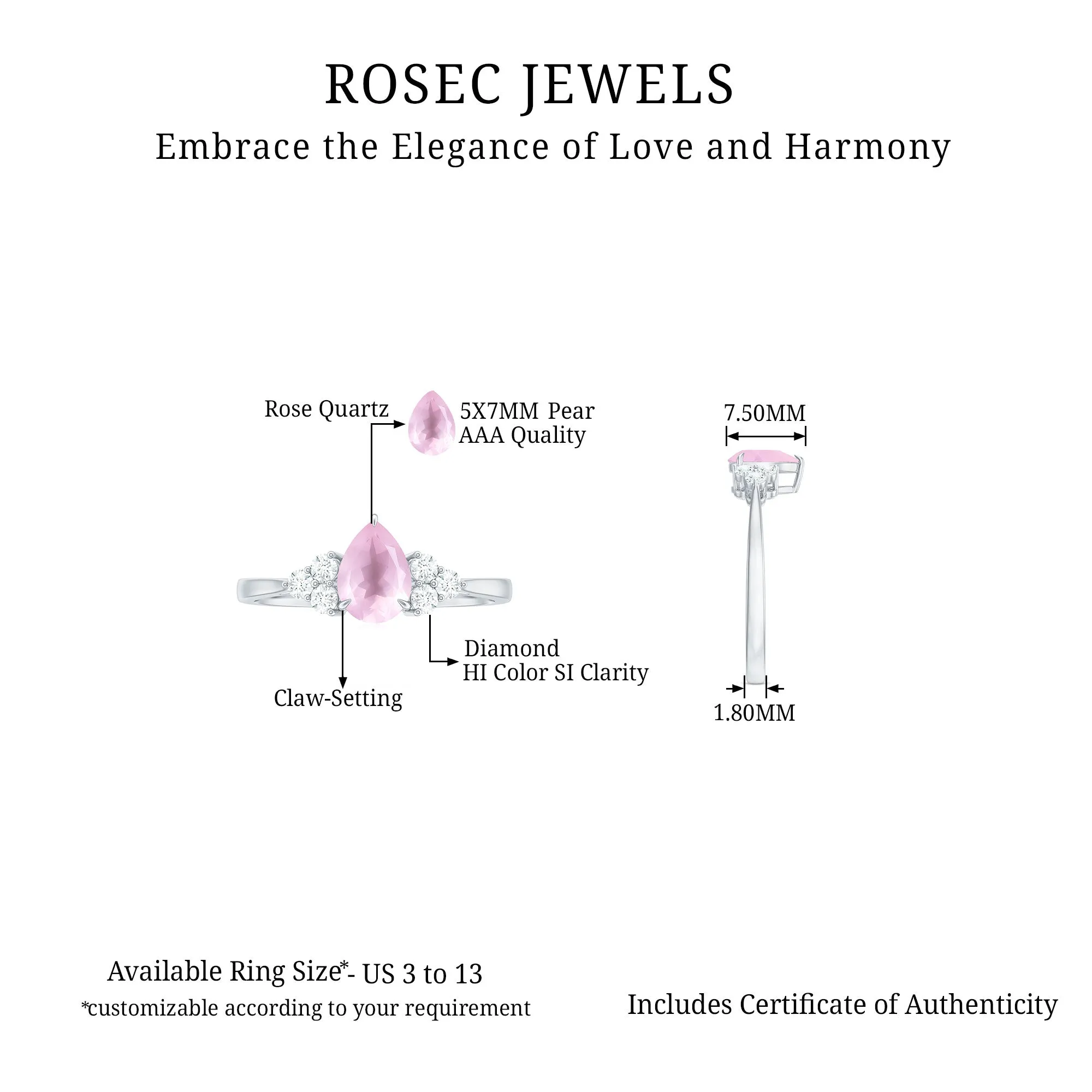 Pear Shaped Rose Quartz Solitaire Engagement Ring with Diamond Trio