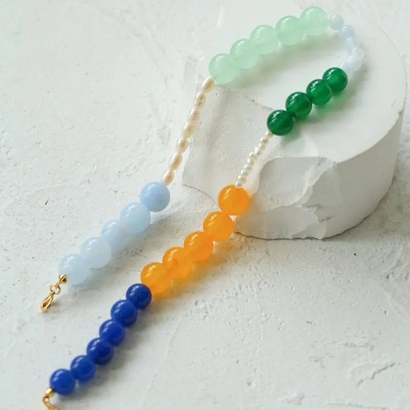 Pearl and Multicolored Gemstone Beaded Necklace-Yellow Blue Green Necklace