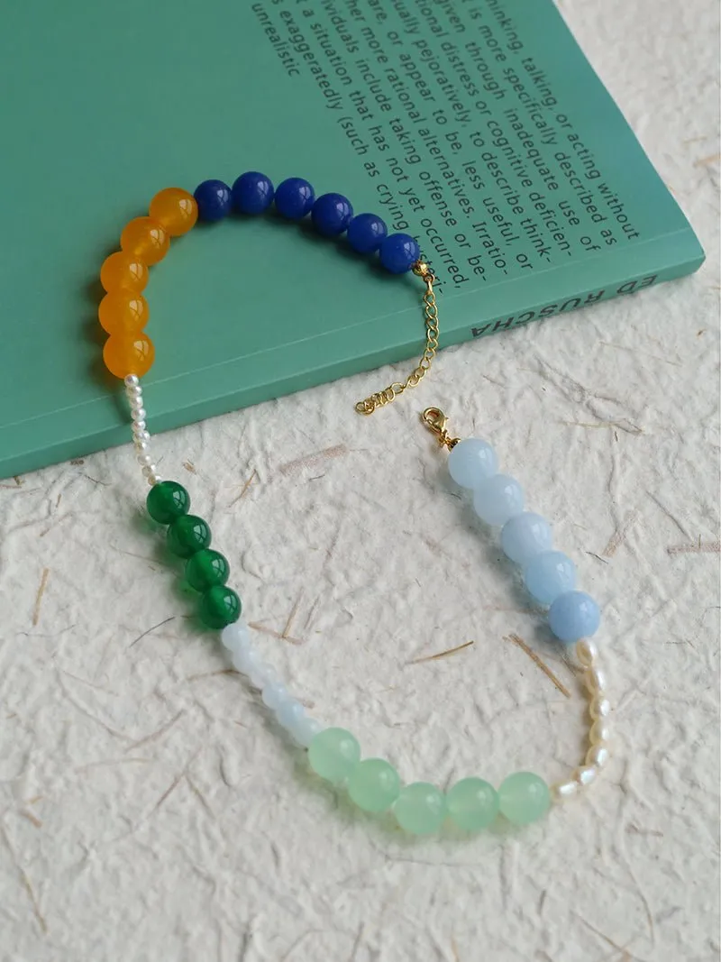 Pearl and Multicolored Gemstone Beaded Necklace-Yellow Blue Green Necklace