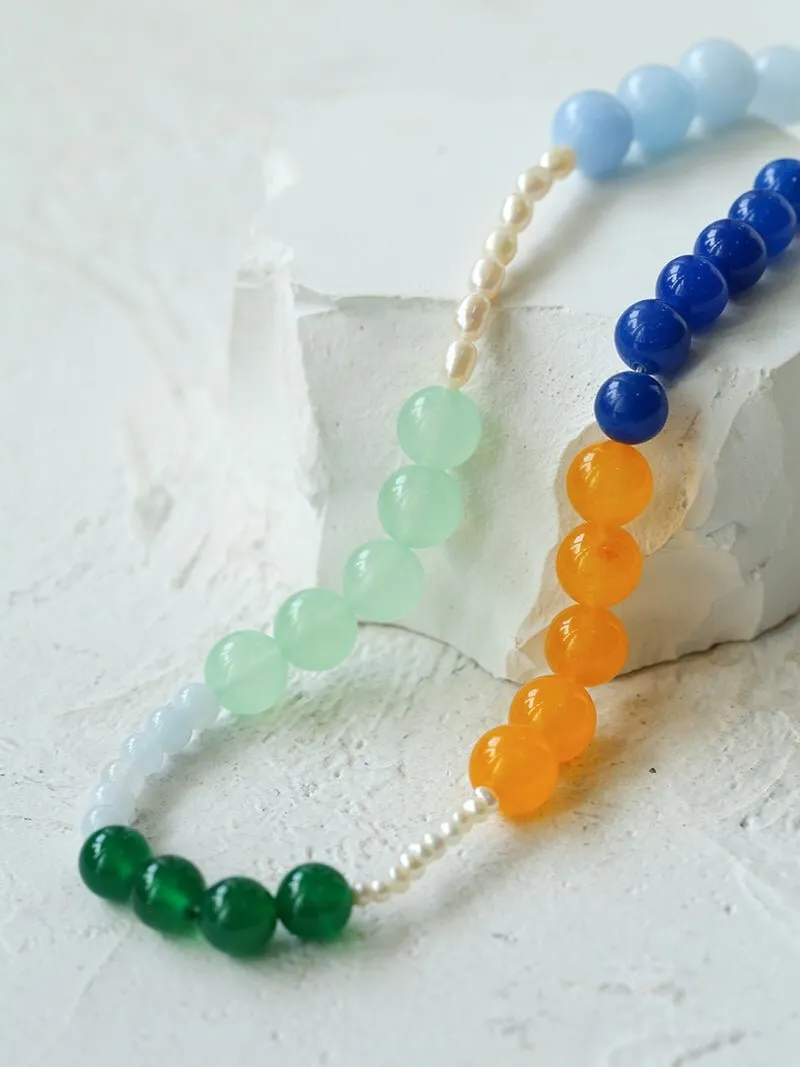 Pearl and Multicolored Gemstone Beaded Necklace-Yellow Blue Green Necklace