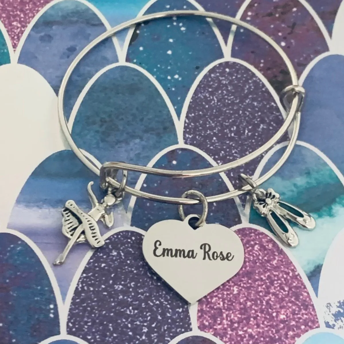 Personalized Dance Charm Bangle Bracelet with Engraved Charm