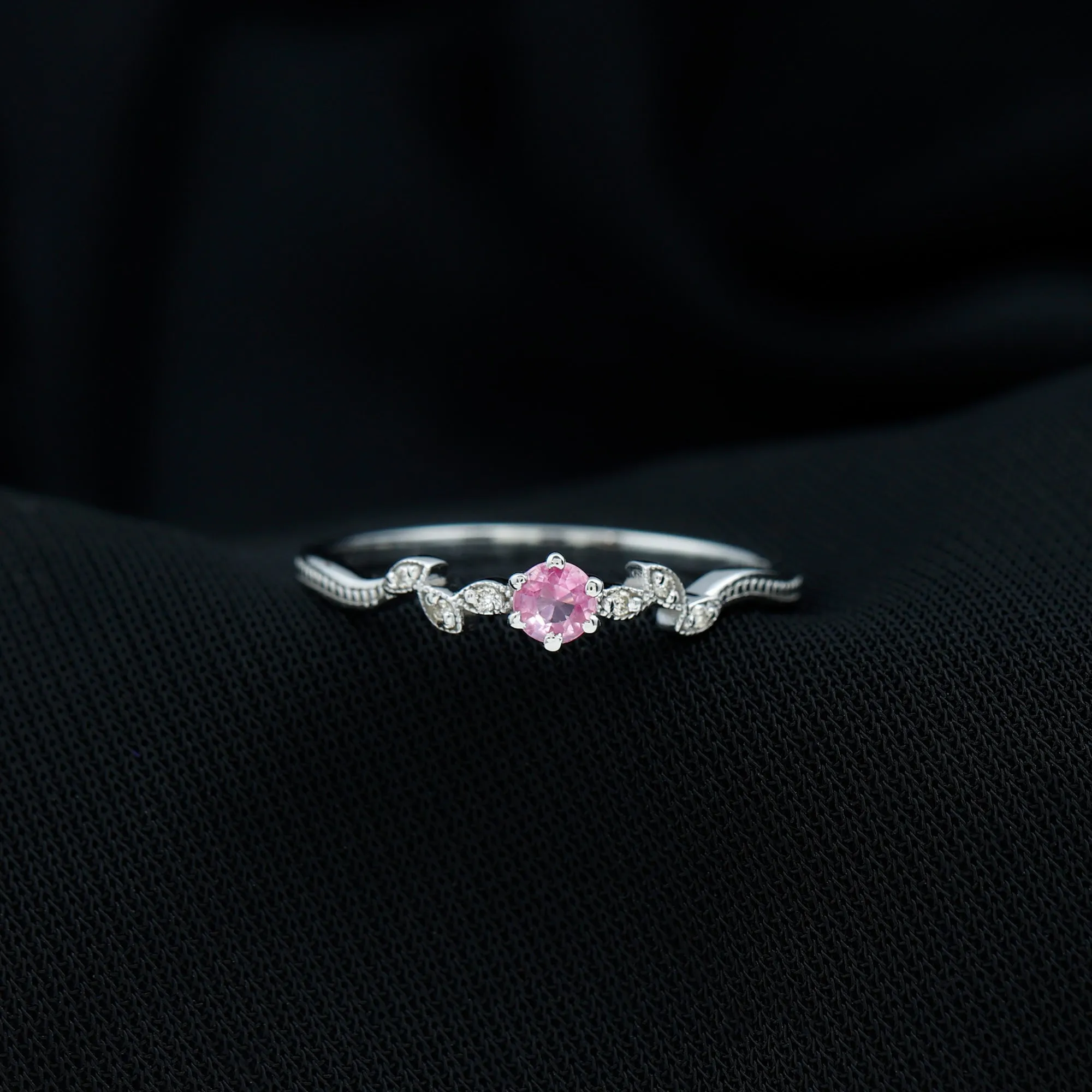 Pink Sapphire and Moissanite Leaf Promise Ring with Beaded Detailing