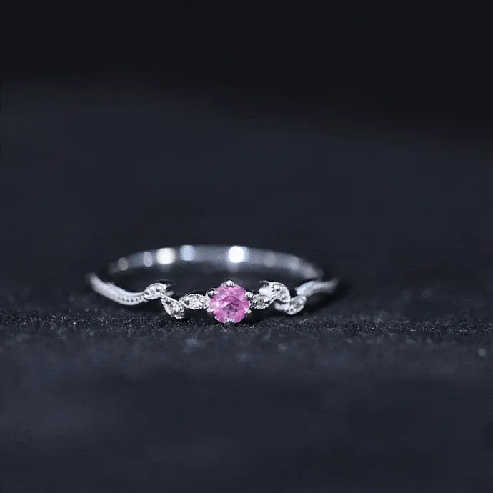 Pink Sapphire and Moissanite Leaf Promise Ring with Beaded Detailing