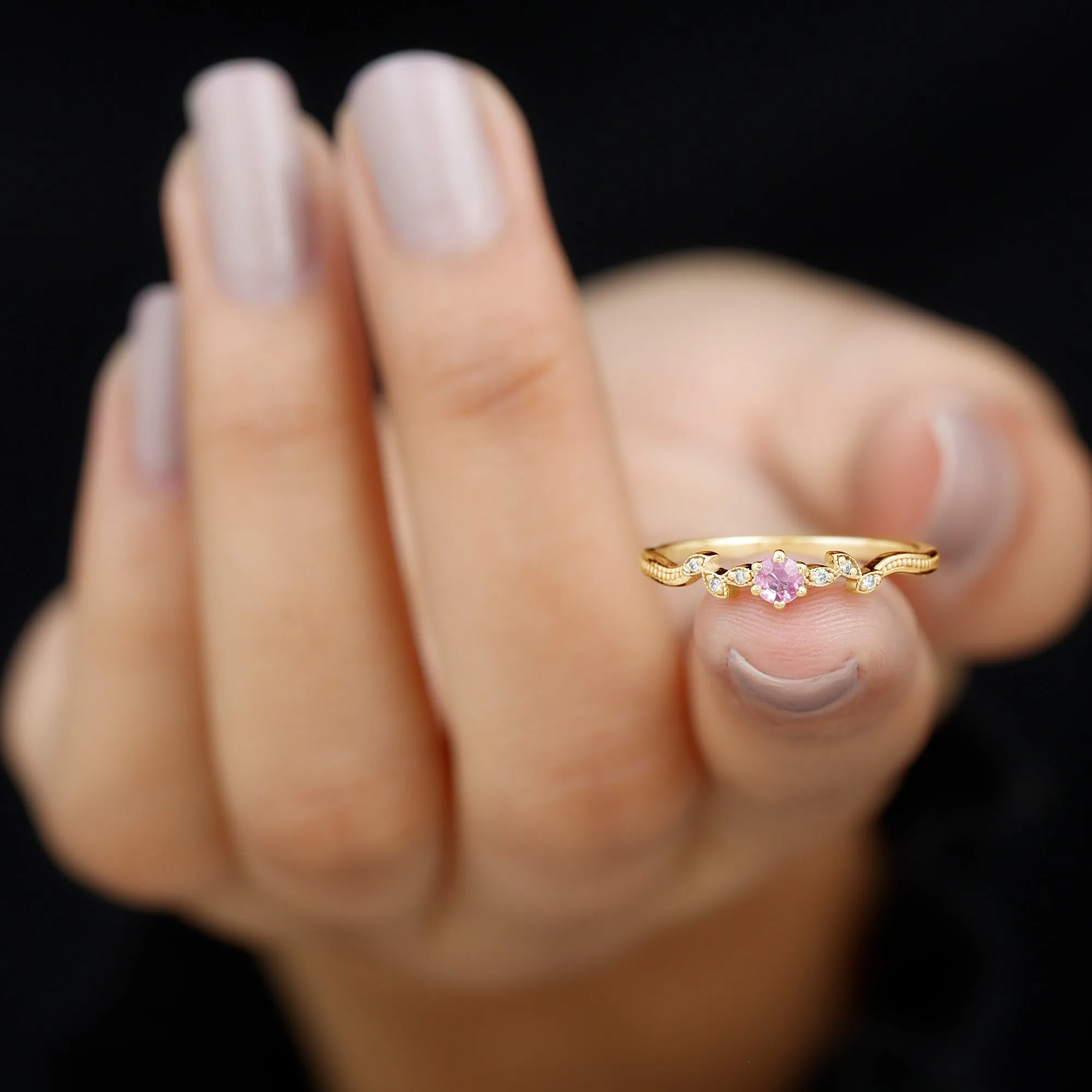 Pink Sapphire and Moissanite Leaf Promise Ring with Beaded Detailing