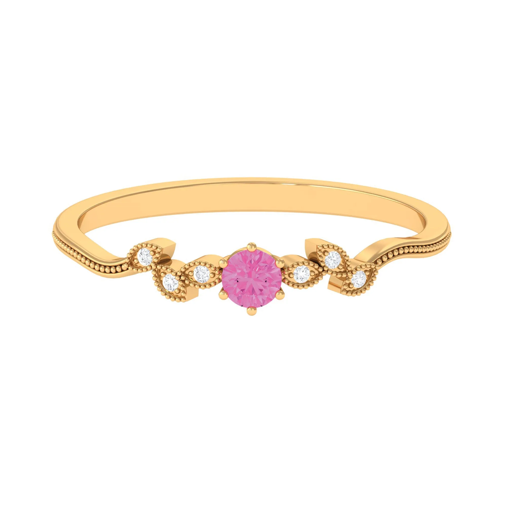 Pink Sapphire and Moissanite Leaf Promise Ring with Beaded Detailing