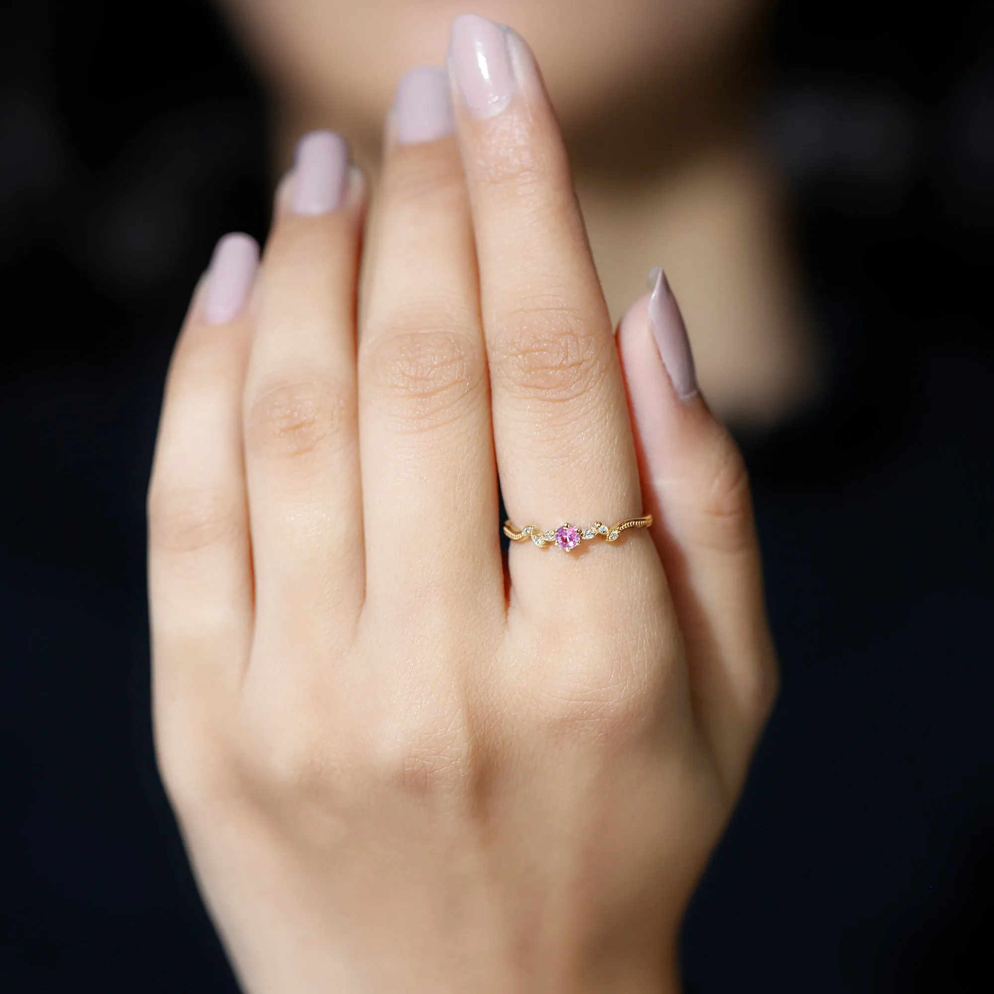 Pink Sapphire and Moissanite Leaf Promise Ring with Beaded Detailing