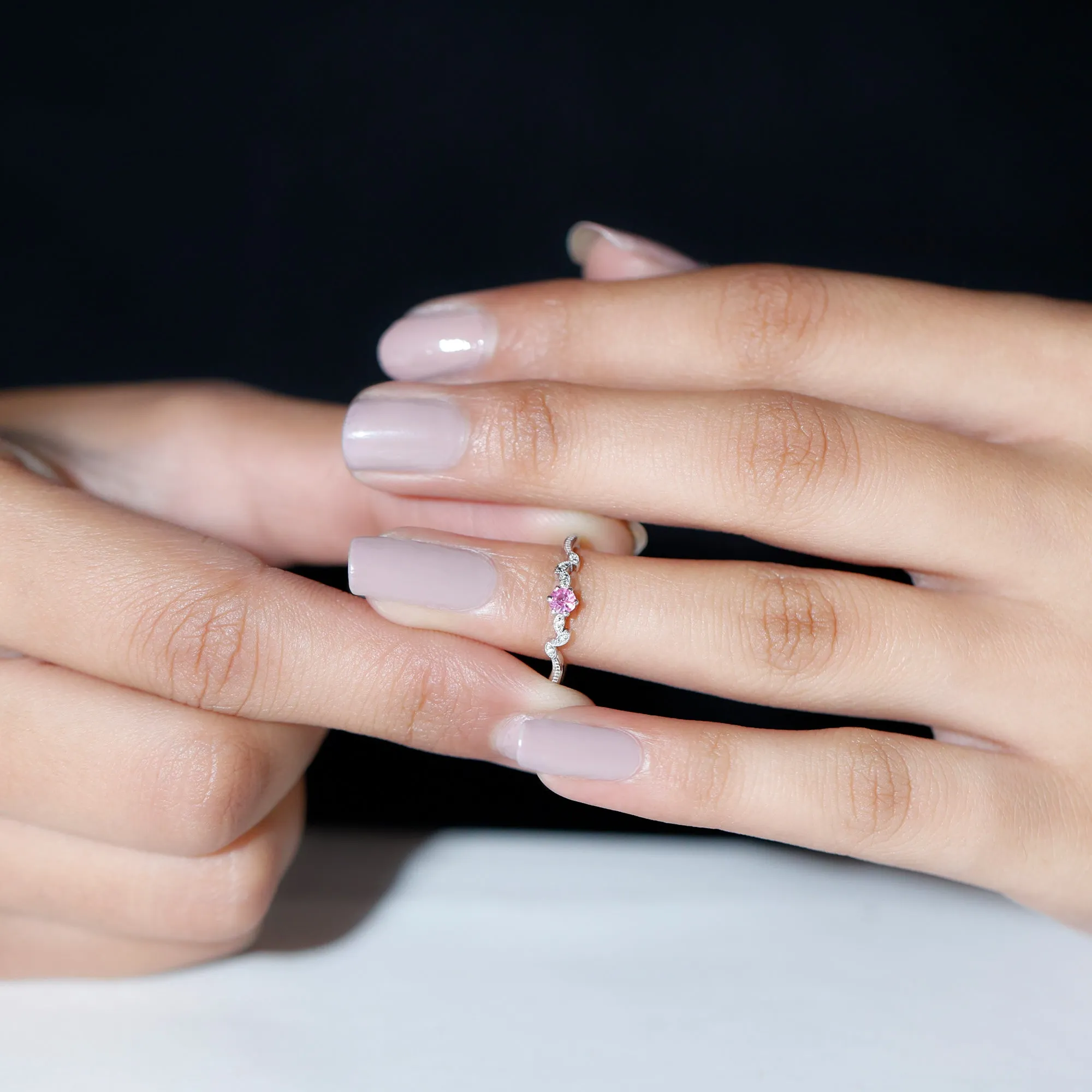 Pink Sapphire and Moissanite Leaf Promise Ring with Beaded Detailing