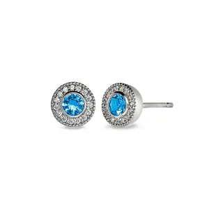 Platinum Finish Sterling Silver Micropave Round Simulated Blue Topaz Earrings with Simulated Diamonds