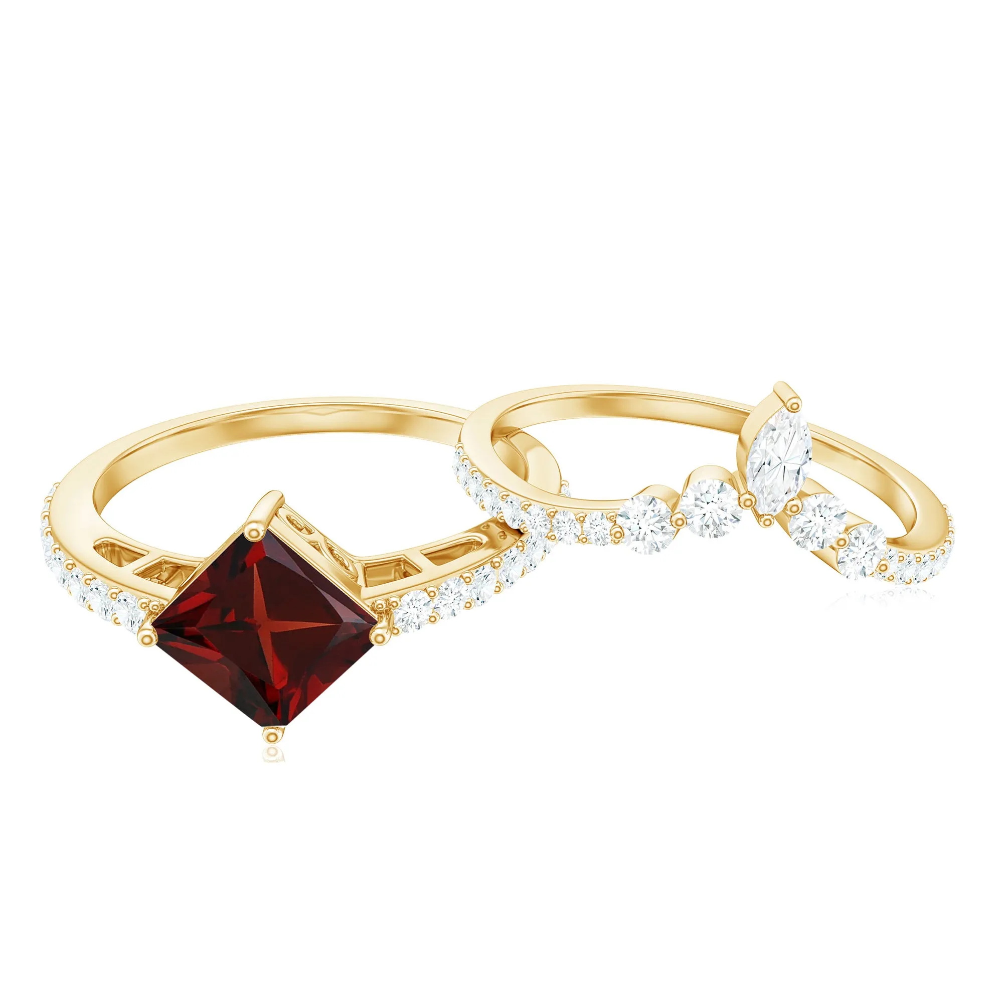 Princess Cut Solitaire Garnet Designer Ring Set with Diamond