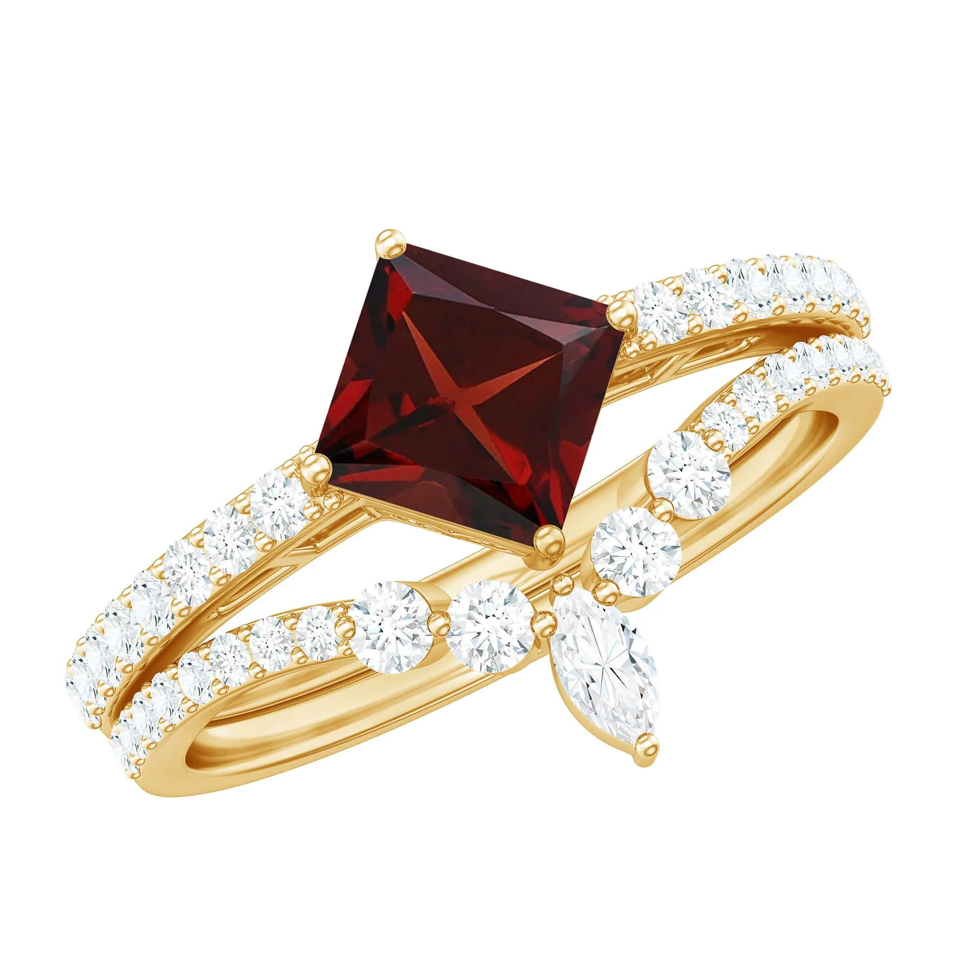 Princess Cut Solitaire Garnet Designer Ring Set with Diamond