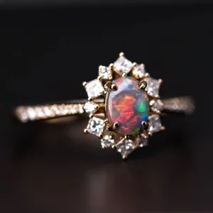 Princess Diamond Halo Engagement Ring with Black Opal 18K Yellow Gold