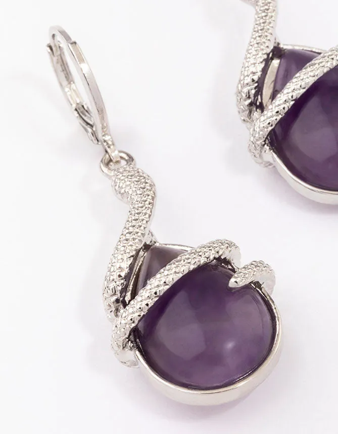 Rhodium Amethyst Snake Wrapped Drop Earrings