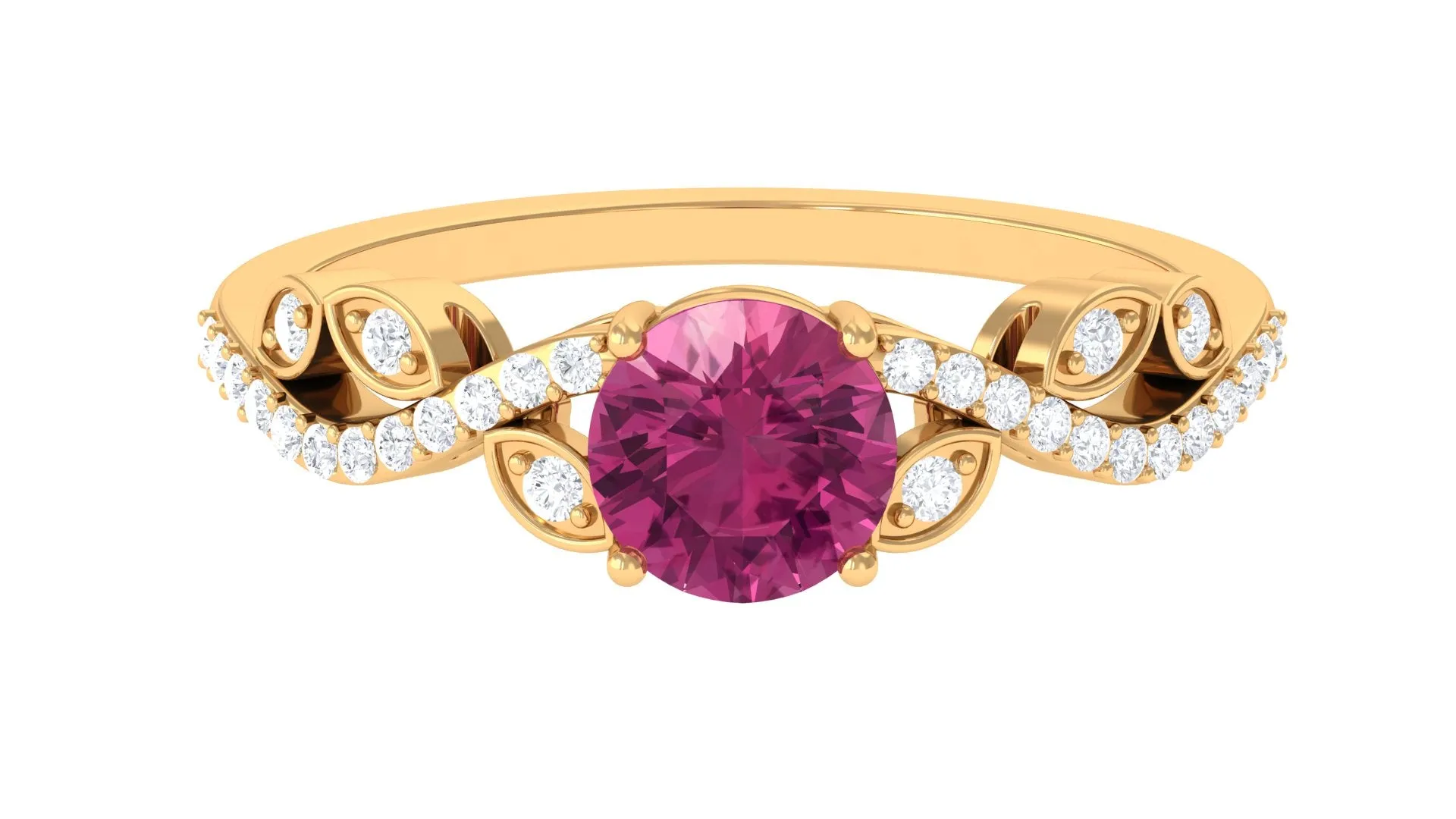 Round Shape Pink Tourmaline Designer Engagement Ring with Diamond