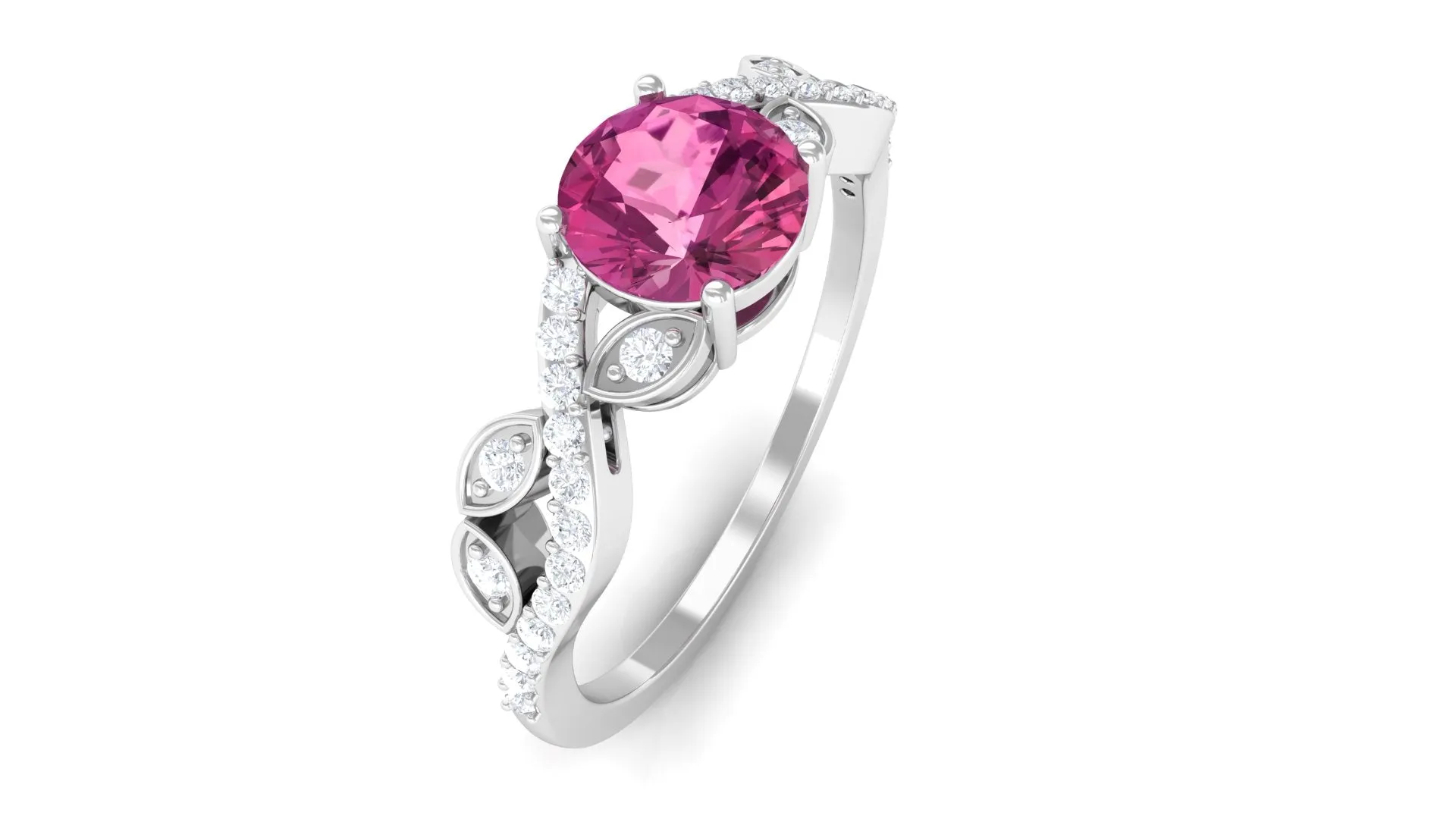 Round Shape Pink Tourmaline Designer Engagement Ring with Diamond