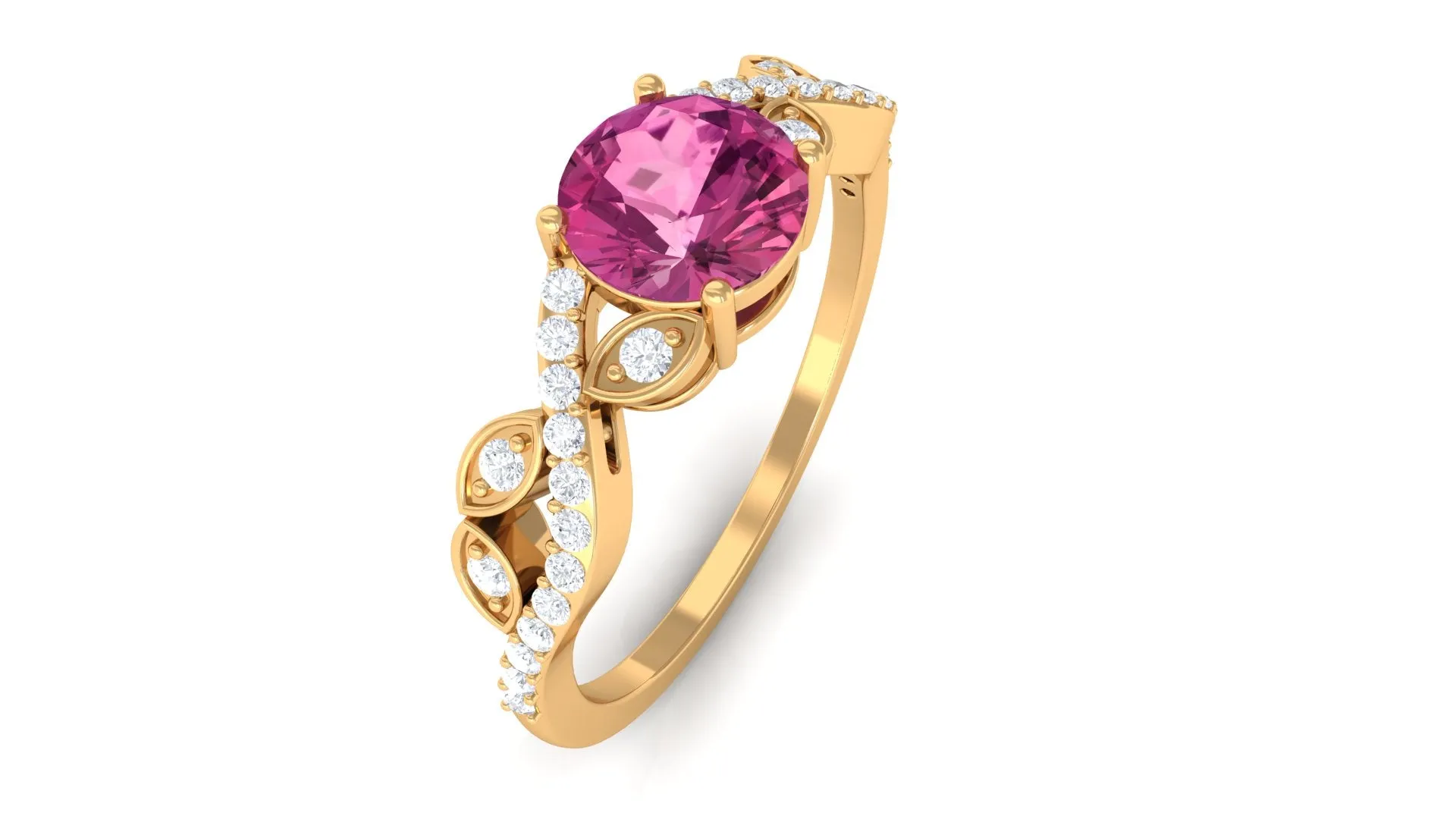 Round Shape Pink Tourmaline Designer Engagement Ring with Diamond