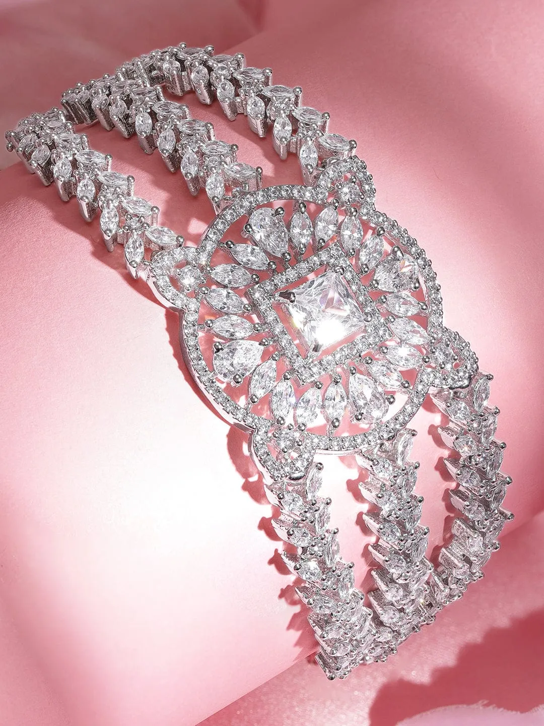 Rubans Rhodium plated Pave Zirconia Studded Tri layer Chain Bracelet