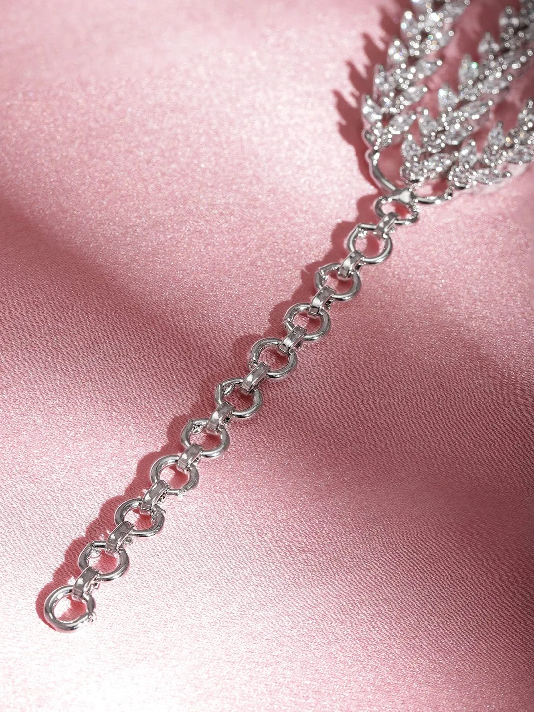 Rubans Rhodium plated Pave Zirconia Studded Tri layer Chain Bracelet