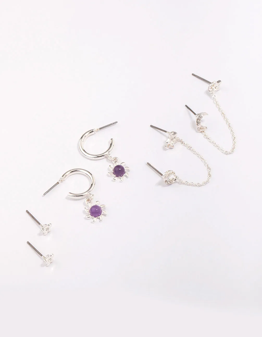 Silver Celestial Amethyst Chain Hoop Earring 4-Pack