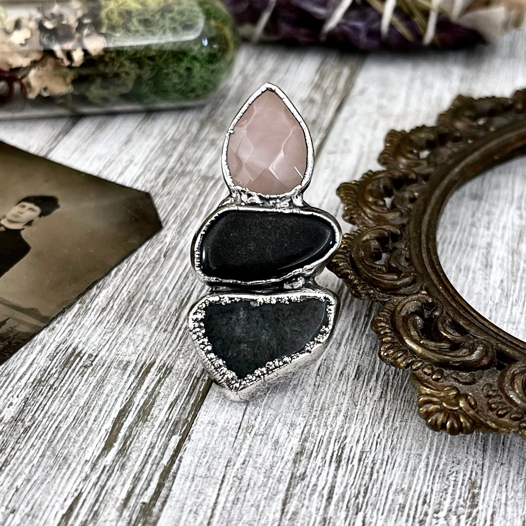 Size 6 Crystal Ring - Three Stone Ring Black Onyx Rose Quartz Moss Agate Ring Silver / Foxlark Collection - One of a Kind