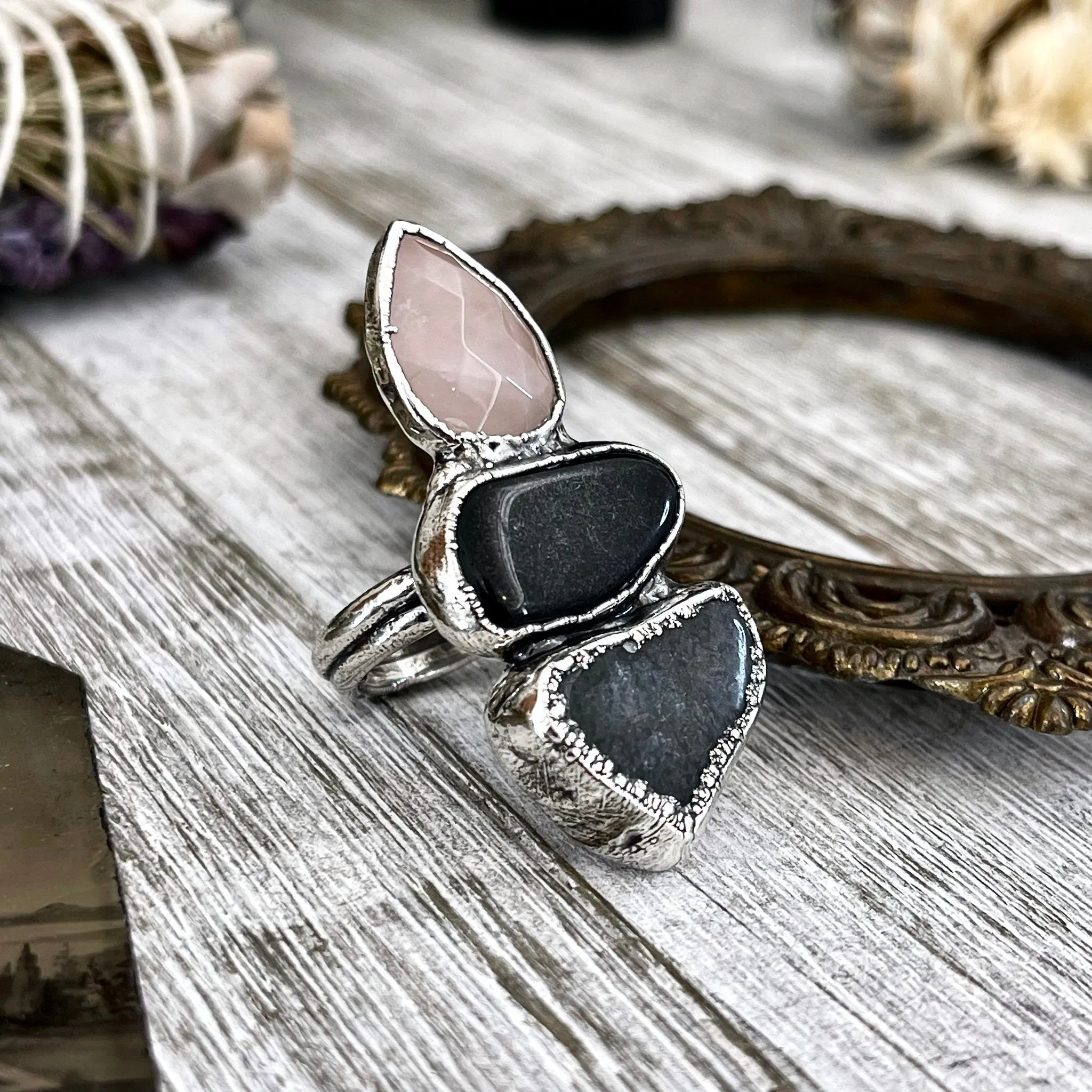 Size 6 Crystal Ring - Three Stone Ring Black Onyx Rose Quartz Moss Agate Ring Silver / Foxlark Collection - One of a Kind