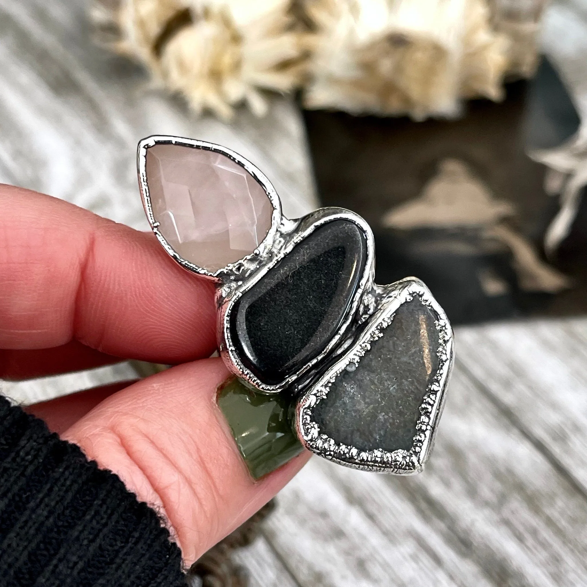 Size 6 Crystal Ring - Three Stone Ring Black Onyx Rose Quartz Moss Agate Ring Silver / Foxlark Collection - One of a Kind