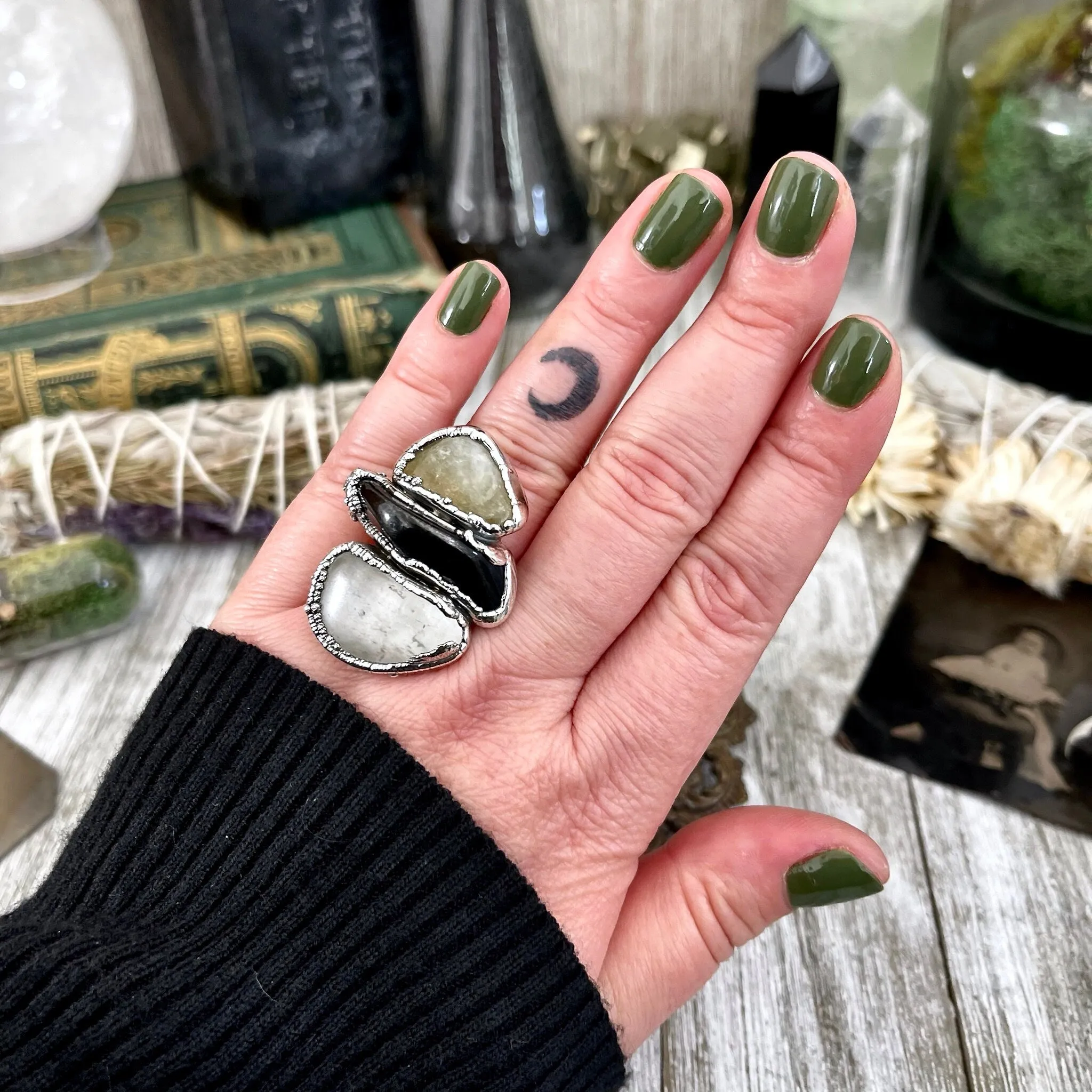 Size 7 Crystal Ring - Three Stone Black Onyx Yellow Citrine & Quartz Silver Ring / Foxlark Collection - One of a Kind