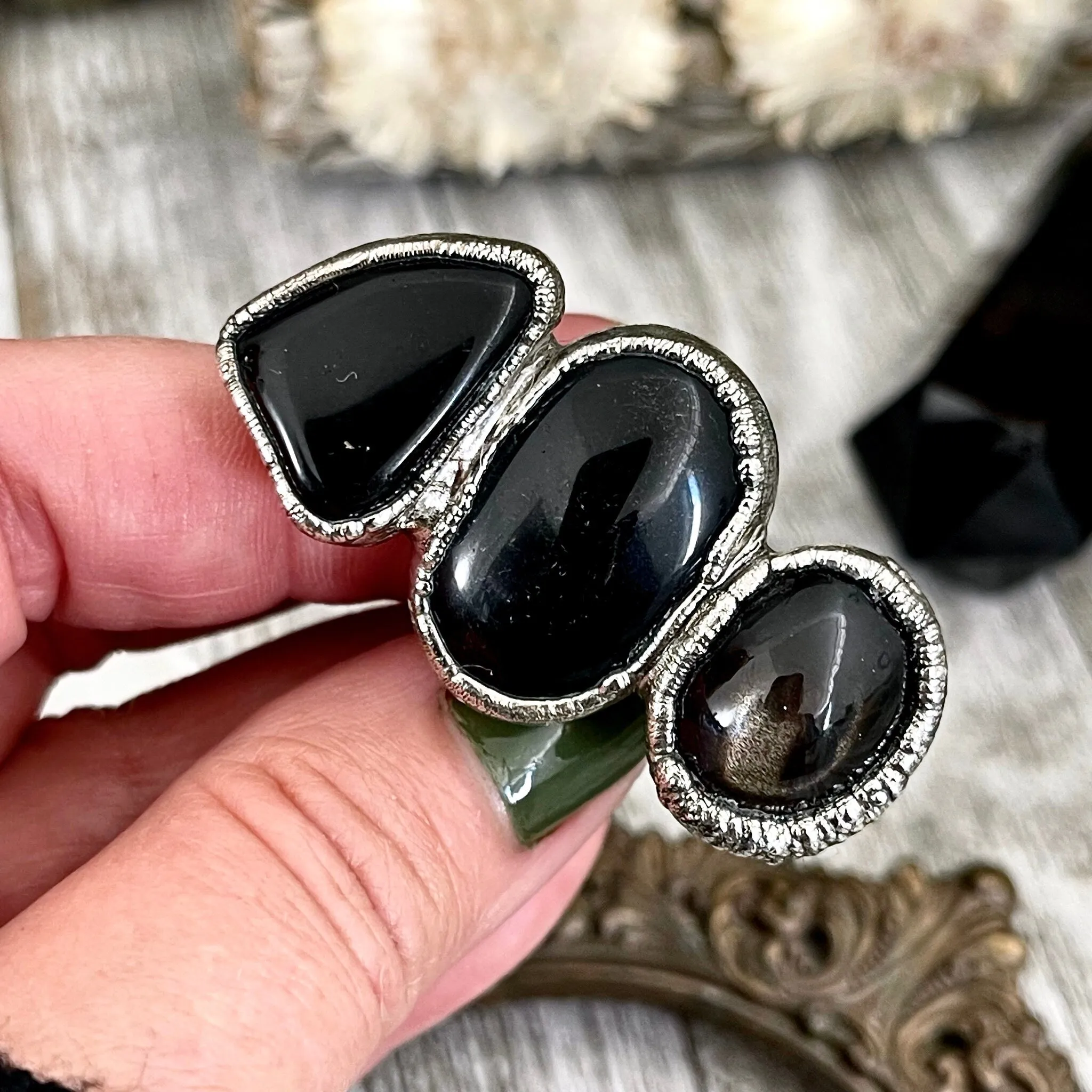 Size 7.5 Crystal Ring - Three Stone Black Onyx Black Star Sunstone Ring in Silver / Foxlark Collection - One of a Kind