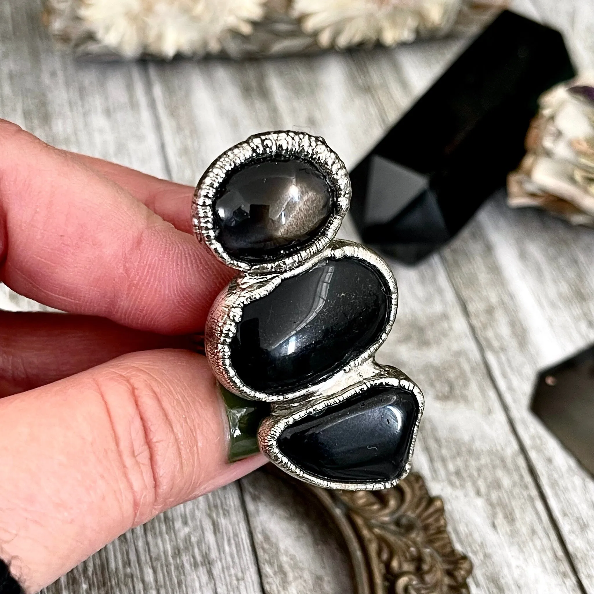 Size 7.5 Crystal Ring - Three Stone Black Onyx Black Star Sunstone Ring in Silver / Foxlark Collection - One of a Kind