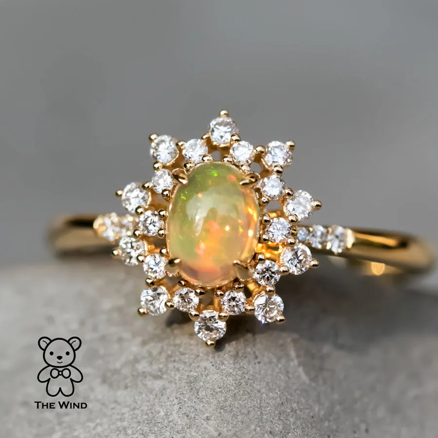 Starry Night Mexican Fire Opal Diamond Engagement Ring 18K Yellow Gold