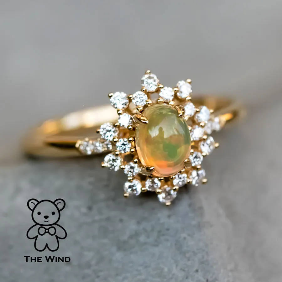 Starry Night Mexican Fire Opal Diamond Engagement Ring 18K Yellow Gold