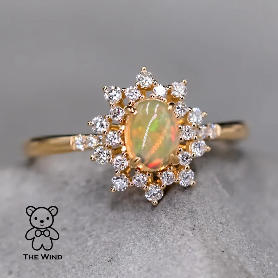 Starry Night Mexican Fire Opal Diamond Engagement Ring 18K Yellow Gold