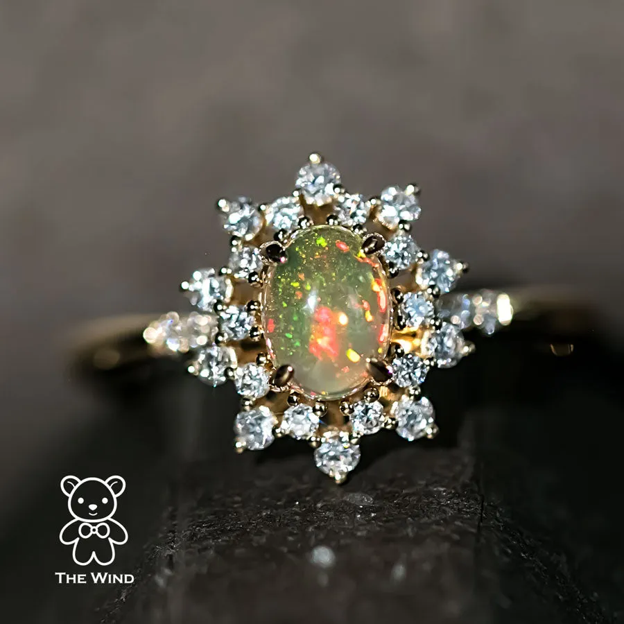 Starry Night Mexican Fire Opal Diamond Engagement Ring 18K Yellow Gold