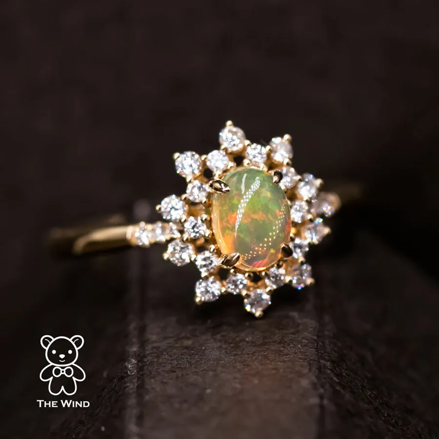 Starry Night Mexican Fire Opal Diamond Engagement Ring 18K Yellow Gold