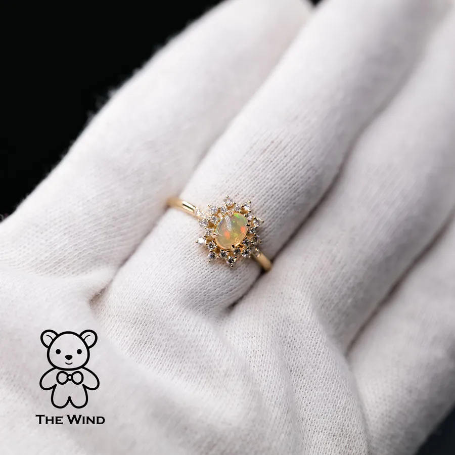 Starry Night Mexican Fire Opal Diamond Engagement Ring 18K Yellow Gold