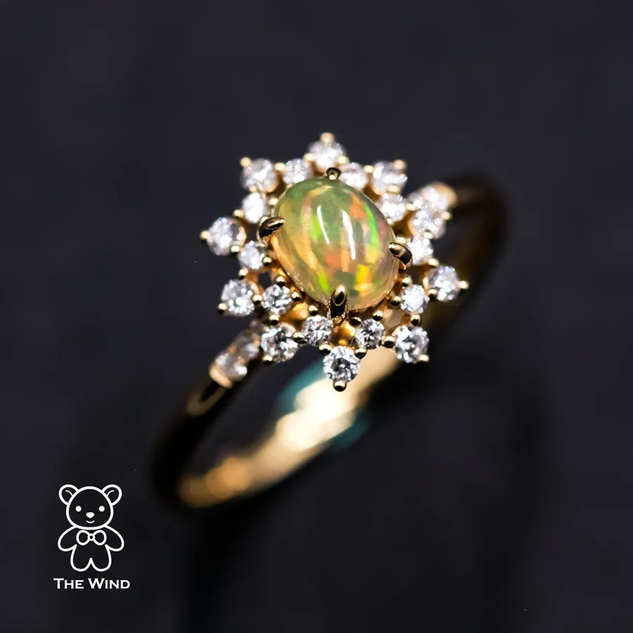 Starry Night Mexican Fire Opal Diamond Engagement Ring 18K Yellow Gold