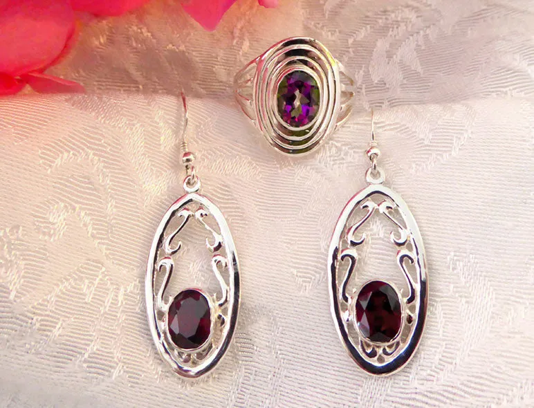 Sterling Oval Frame Swirl Earrings set with Amethyst