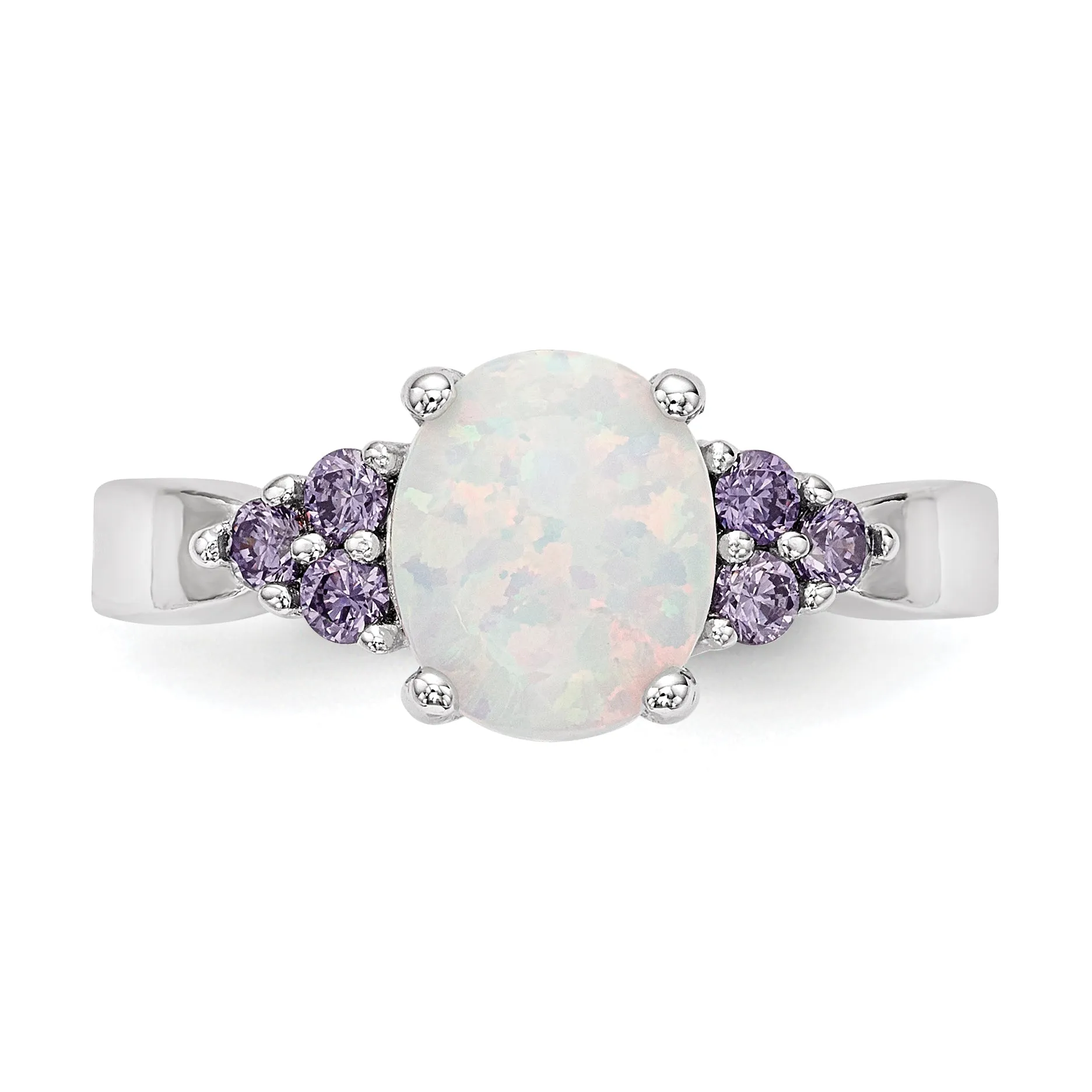 Sterling Silver Oval Created Opal & Purple CZ Ring