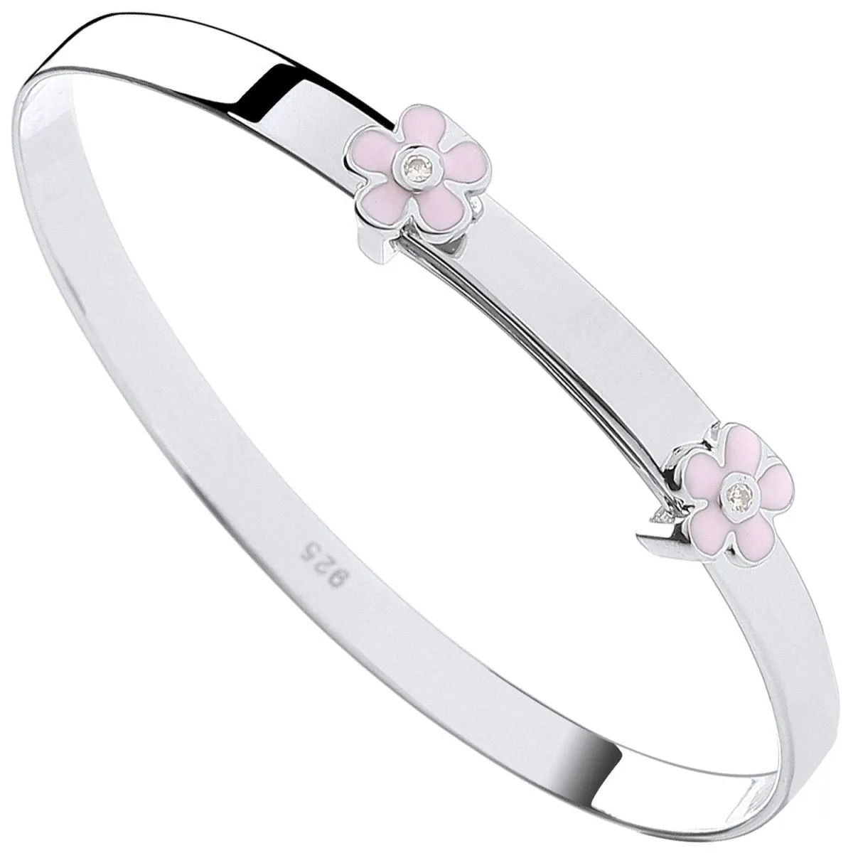 Sterling Silver Pink Enamel and CZ Flowers Expandable Baby Bangle